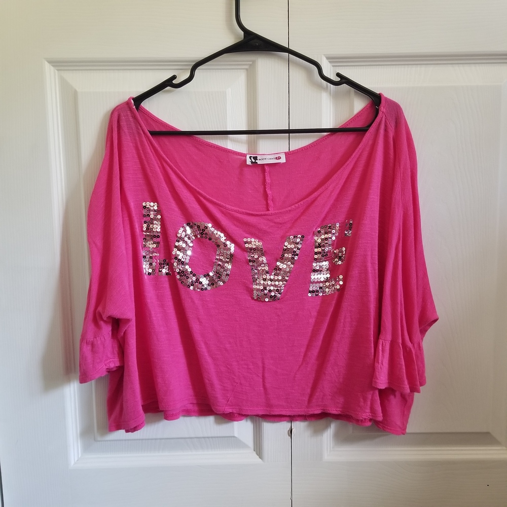 Body Central Women's Top One Size Hot Pink Silver Y2K Vintage Off Shoulder Love